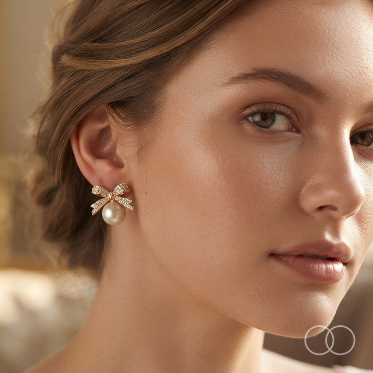 The Bow and Pearl stud worn, showing the scale of the bow and pearl against the ear