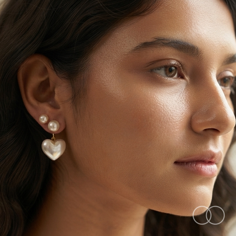 The Pearl Heart stud worn, showing the drop length against the jaw