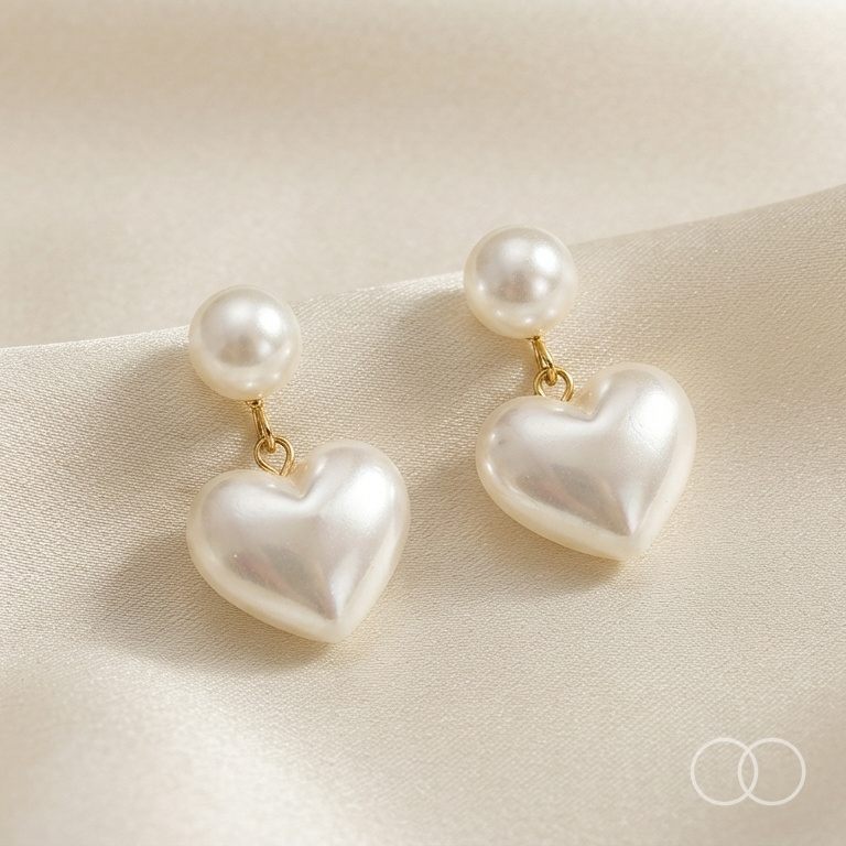 The pair hanging on cream silk, showing how the heart sits below the pearl