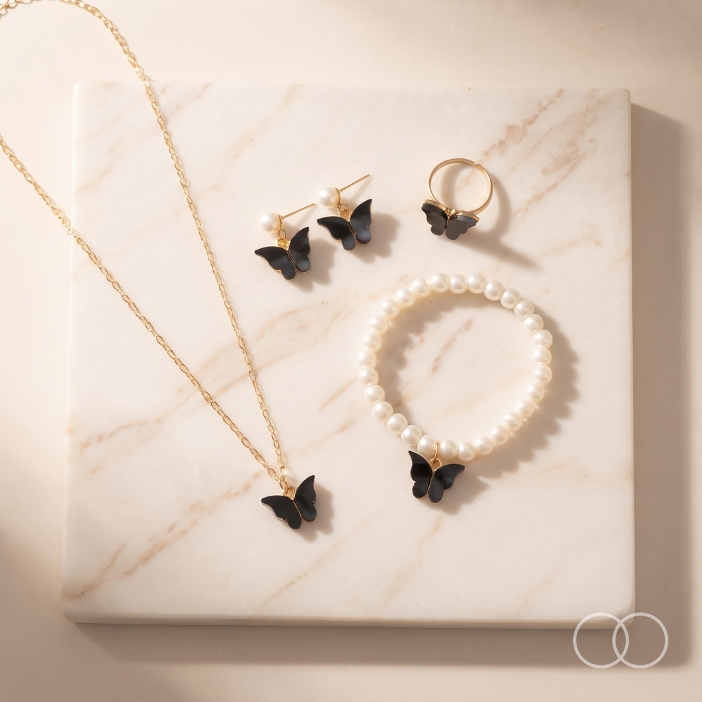 All four pieces of the Butterfly Pearl set laid out on marble: necklace, earrings, ring and pearl bracelet