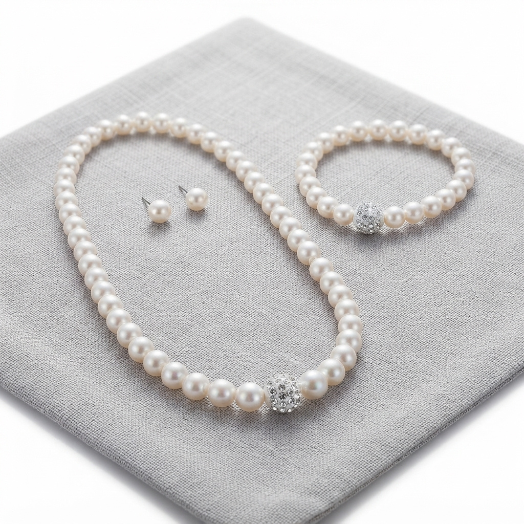 The Pearl Row set on grey linen: pearl necklace and bracelet with the crystal ball accent, and the pearl studs