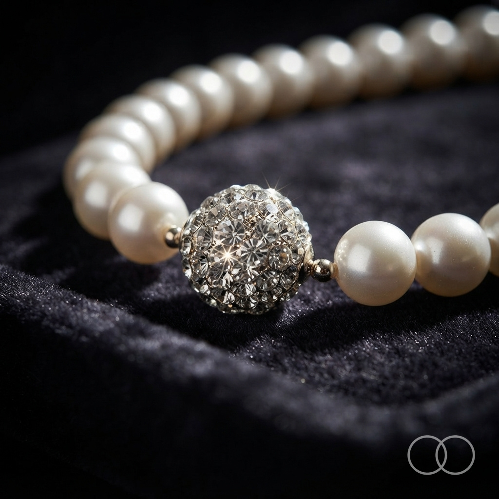 Close up of the crystal ball accent set between the pearls