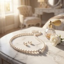 The Pearl Row set on a dressing table with perfume and a rose