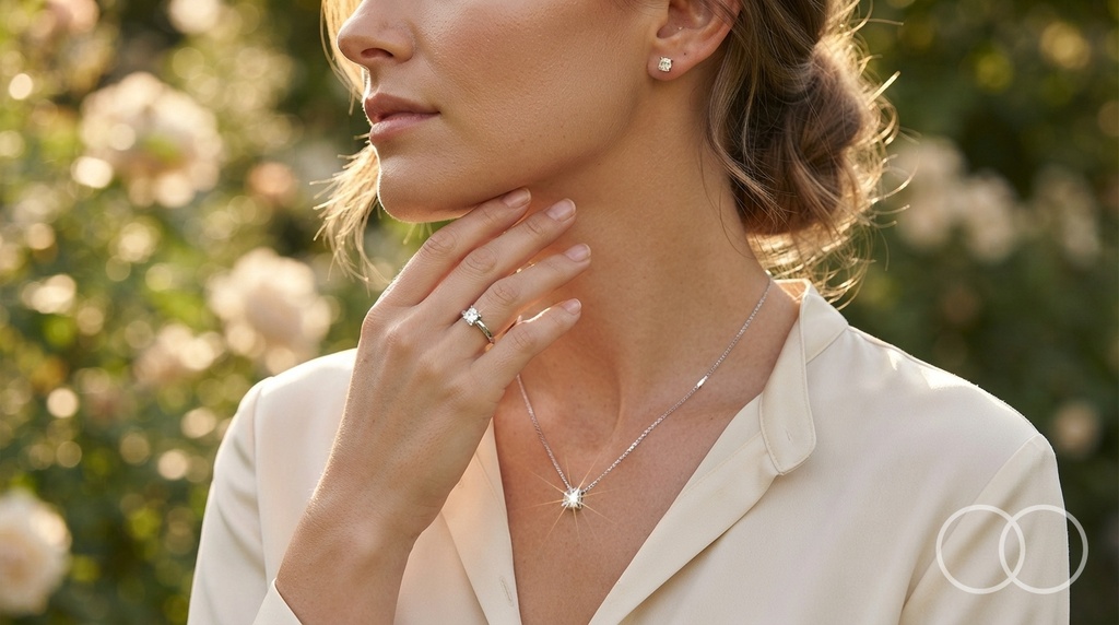 The Solitaire Silver trio worn, pendant on a fine chain with the matching ring and stud