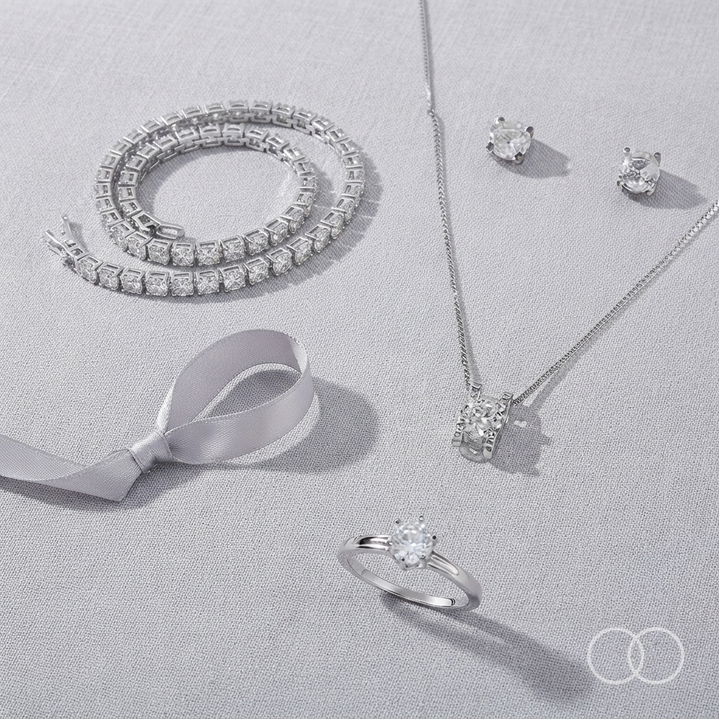 The Solitaire Silver trio arranged on linen with a ribbon