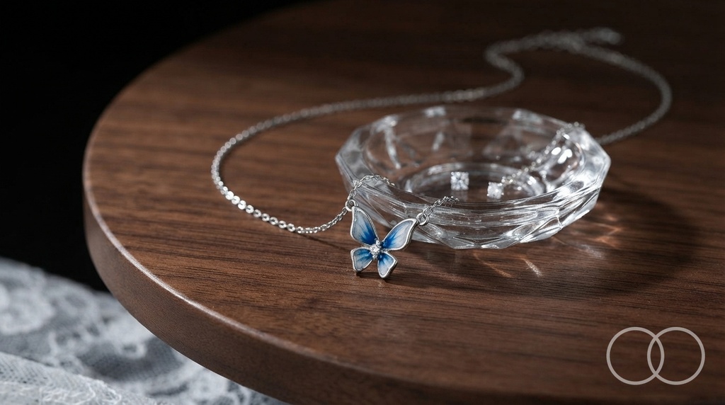 The butterfly pendant beside a cut glass dish on a walnut table