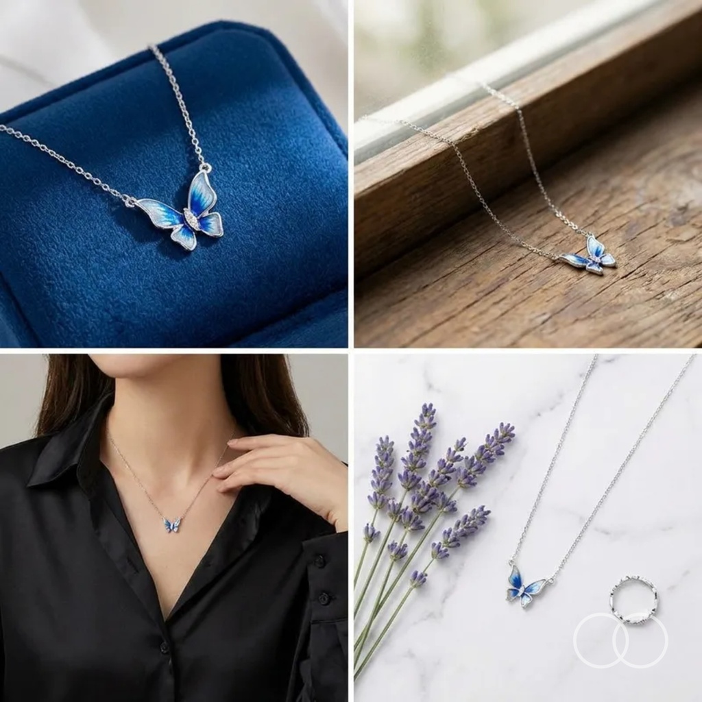 Butterfly pendant styled four ways: on a velvet box, on a windowsill, worn, and with lavender