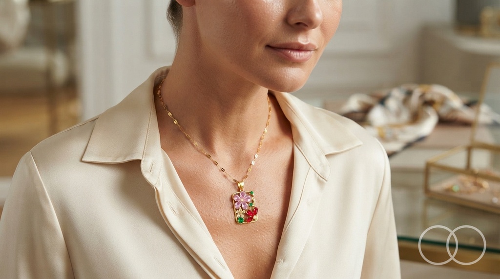 The Garden Panel pendant worn over a cream silk shirt