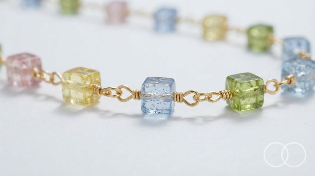 Close up of the pastel glass cube beads and the gold wire links