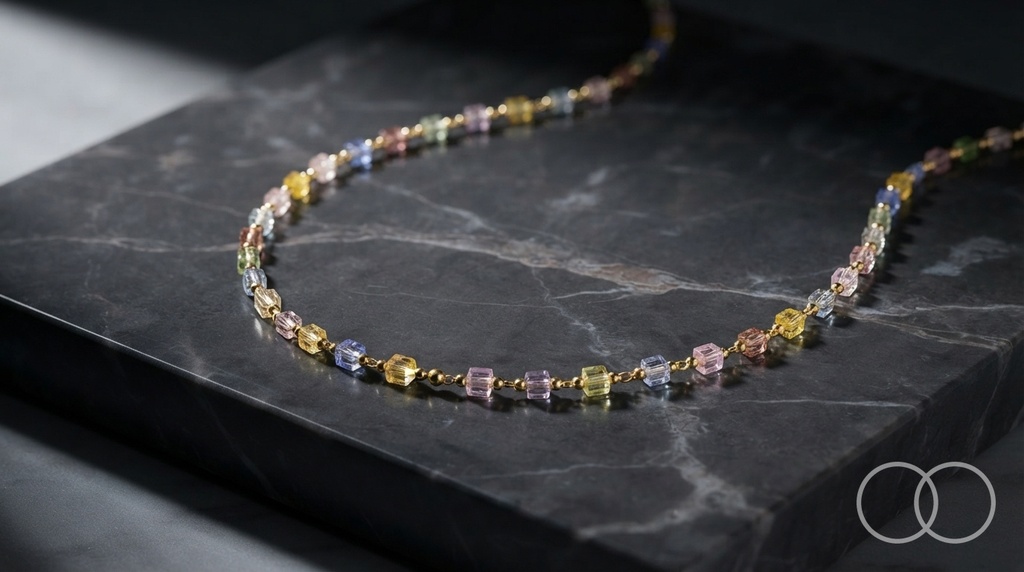 The Rainbow Bead necklace curved across a black marble slab