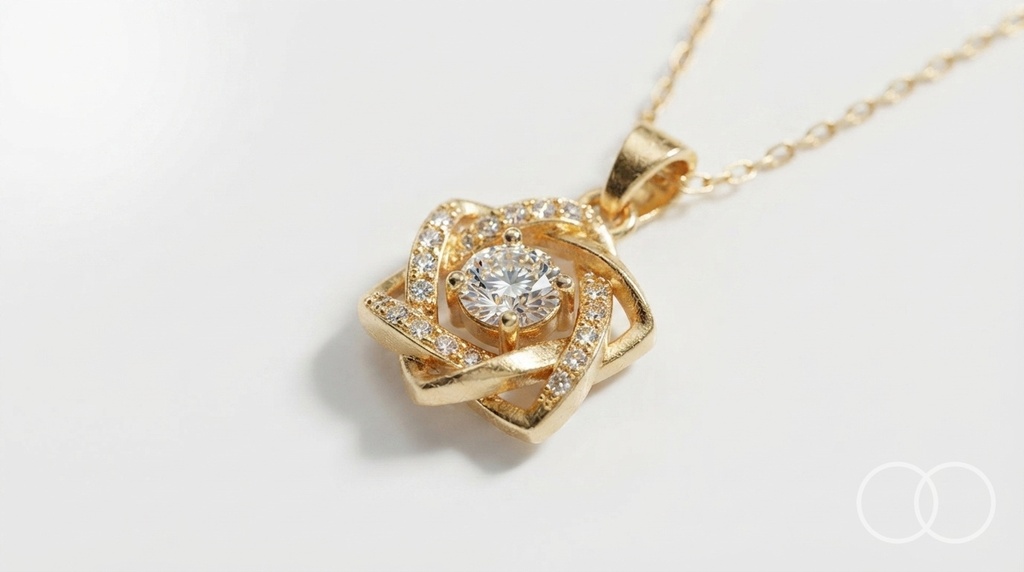 Close up of the interwoven gold star pendant and its central stone