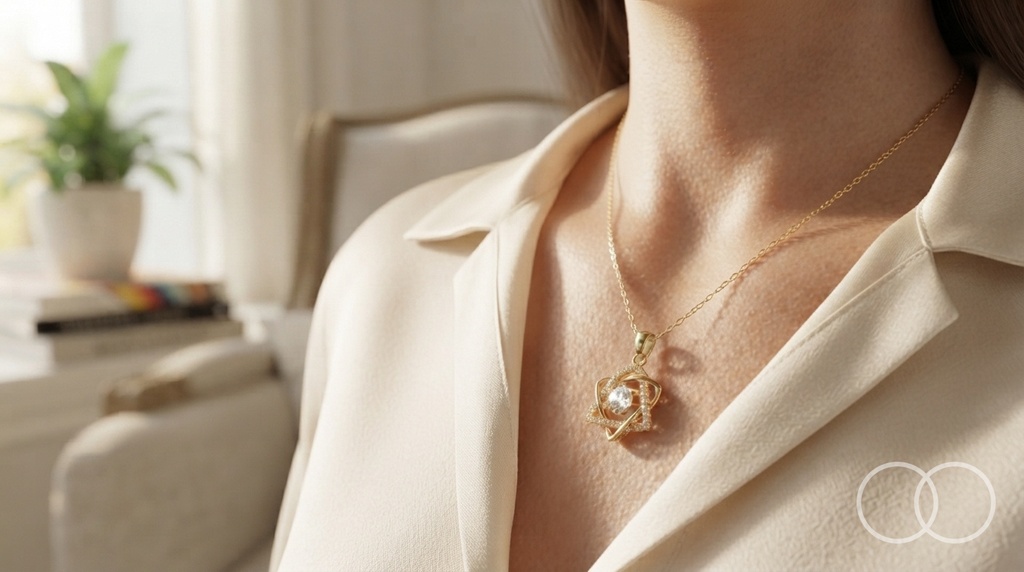 The Six-Point pendant worn over a cream blazer