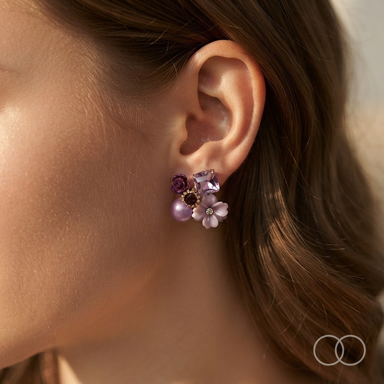 The Violet Bloom earring worn, showing the cluster against the ear in daylight