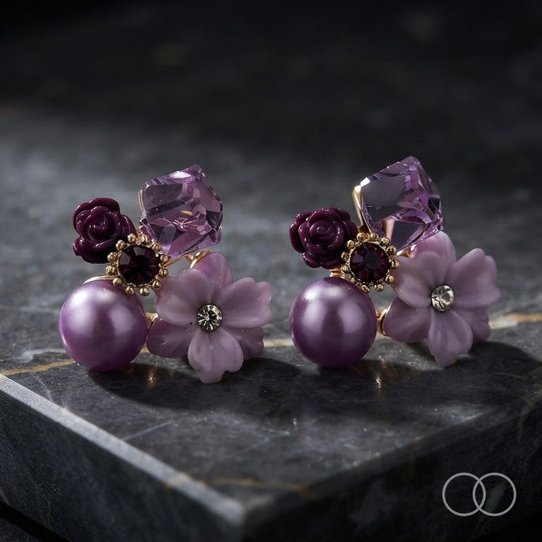 The pair on a dark marble slab, showing the amethyst cube, carved rose and shell flower